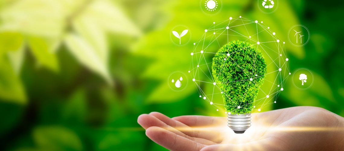 Hand holding light bulb against nature on green leaf with icons energy sources for renewable, sustainable development. Technology ,Environment ,Ecology concept.